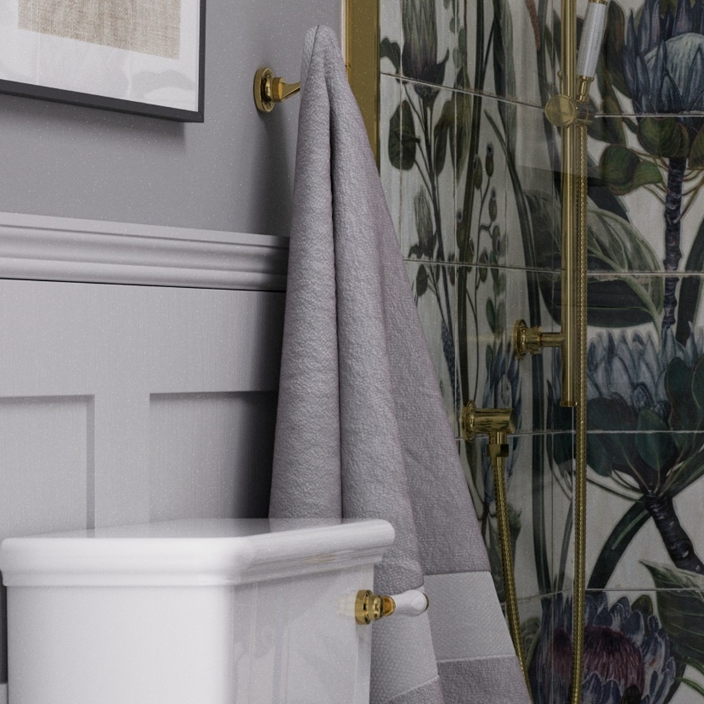 Product lifestyle image of burlington guild gold wall mounted robe hook gu021g